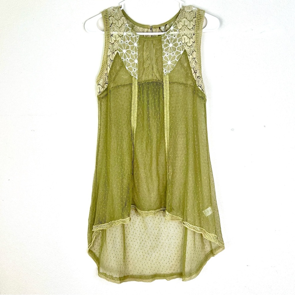 Aratta Silent Journey olive green sheer mesh tunic top size large